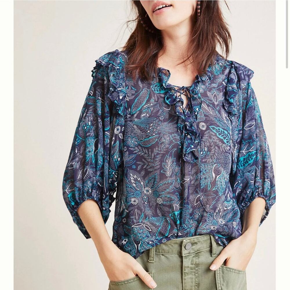 Anthropologie Top Womens Small Petite Blue Haida Floral Semi Sheer Boho Ruffle